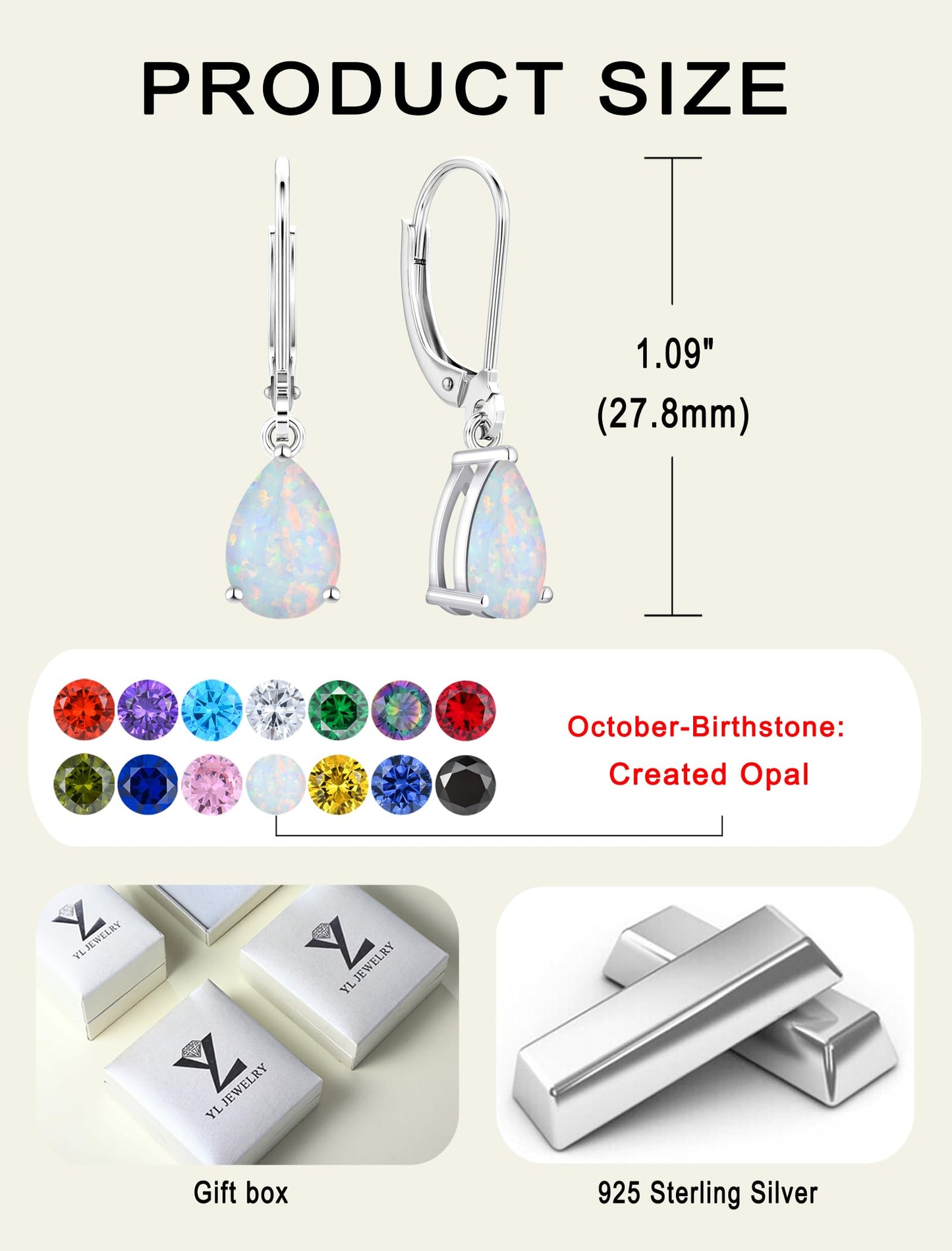 YL 925 Sterling Silver Teardrop Dangle Drop Earrings for Women 7x10 MM Solitaire Created Opal Leverback Jewelry
