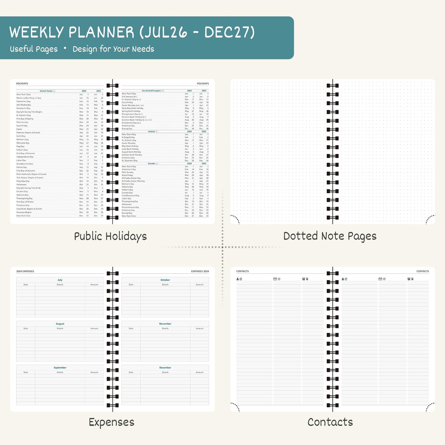 BEZEND Weekly Planner 2026-2027 (8.5" x 11") with Hourly Timeslots (Jul 26-Dec 27) 18 Months Academic Calendar & Monthly Tabs, for Students, Work & Home, Spiral PU Leather Softcover -Turquoise