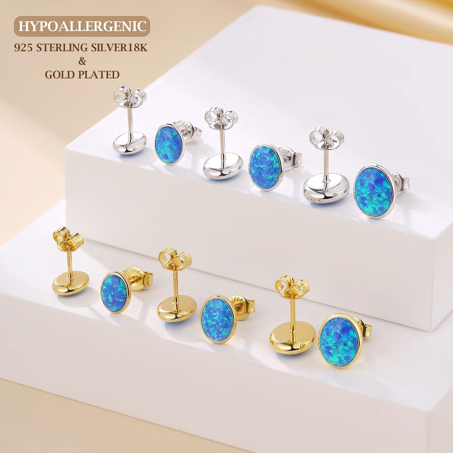 JiayangJY Silver Blue Fire Opal Stud Earrings for Women 18K White Gold Plated Sterling Silver Oval Shape 5mm Opal Earrings with Push Back
