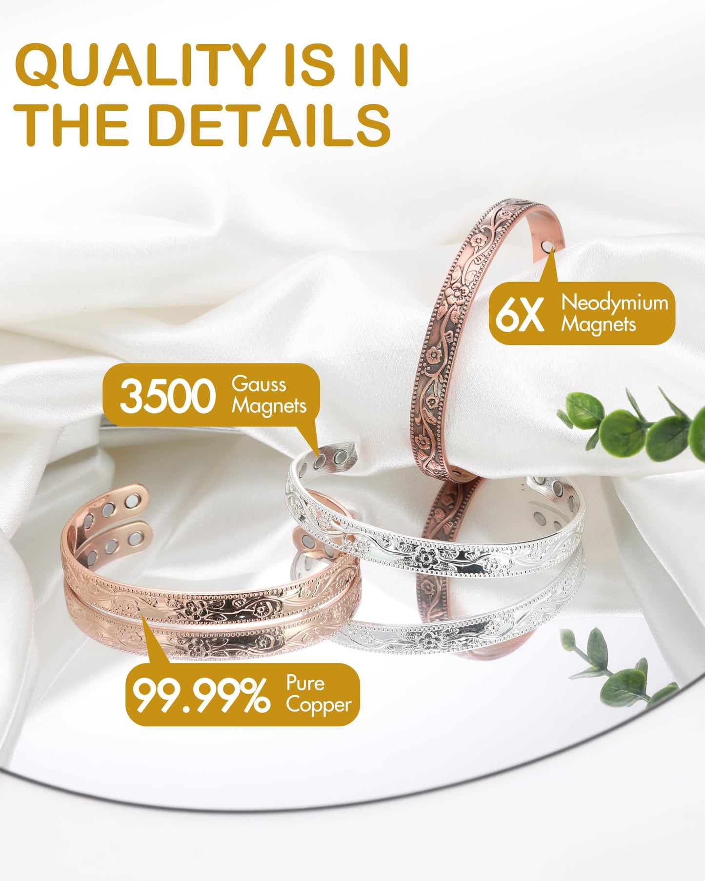 Feraco Copper Therapy Bracelets for Women, Pure Copper Magnetic Cuff Bracelet with Neodymium Magnets, Adjustable with Gift Box, Vintage Flower (Rose Gold)