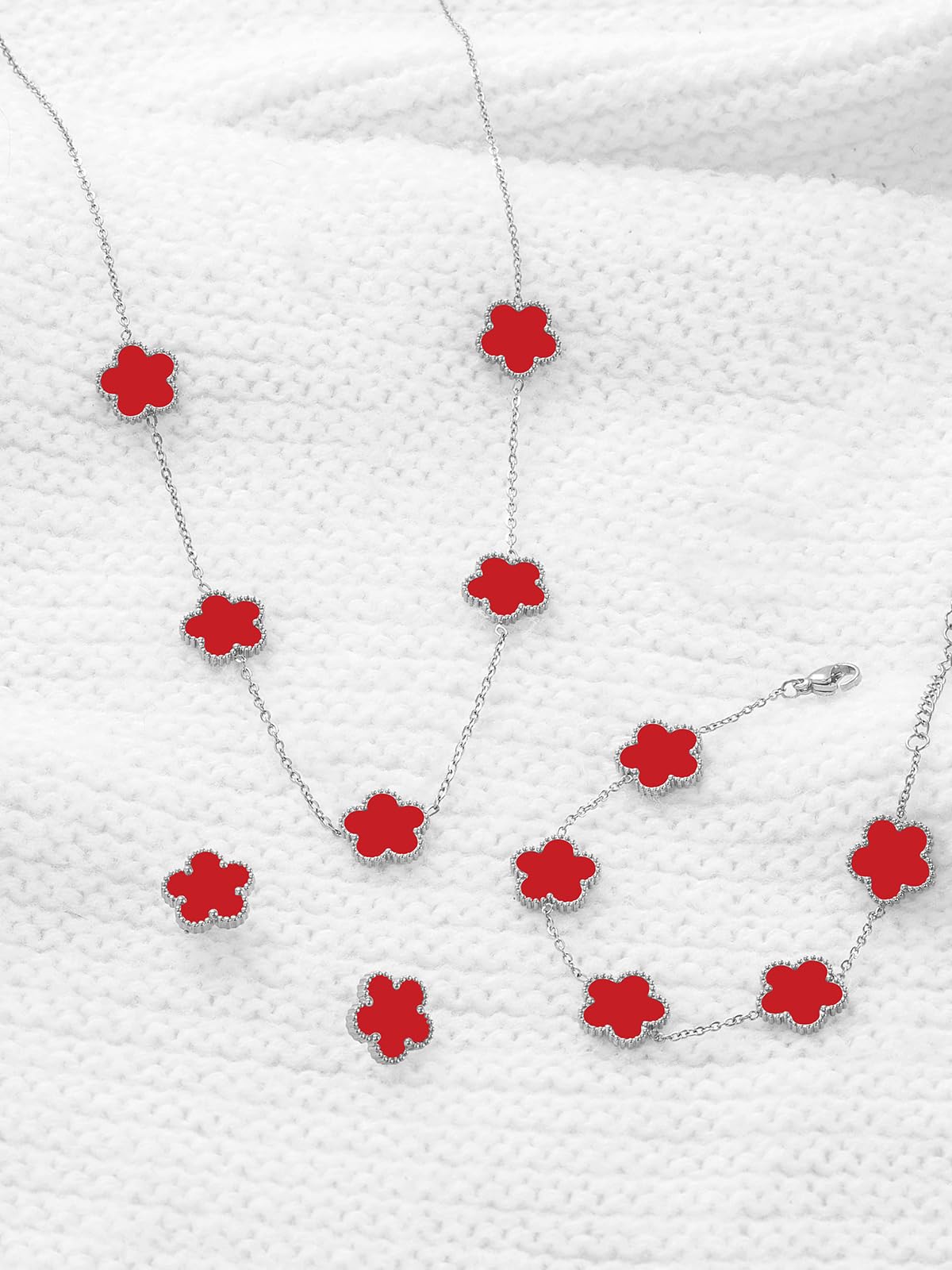 Qinpan Five Leaf Clover Necklace Bracelet and Stud Set for Women Lucky Flower Jewelry (Red-Stainless Steel)
