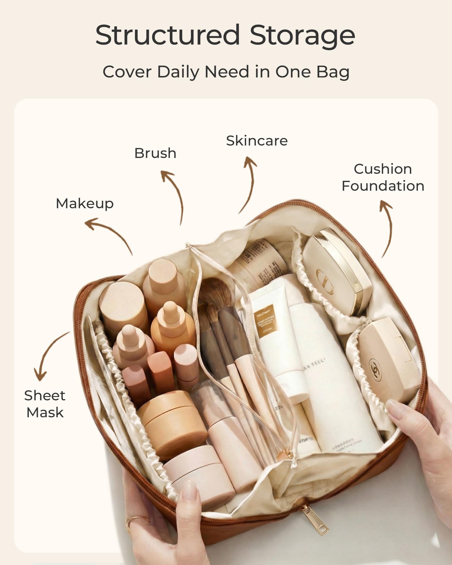 BAGSMART Makeup Bag Travel Cosmetic Bag, Large Make Up Bag Flat Open Toiletry Bag for Women, PU Leather Travel Essentials Organizer Case, Wide-open Pouch Purse for Skincare, Brushes, Classic Brown