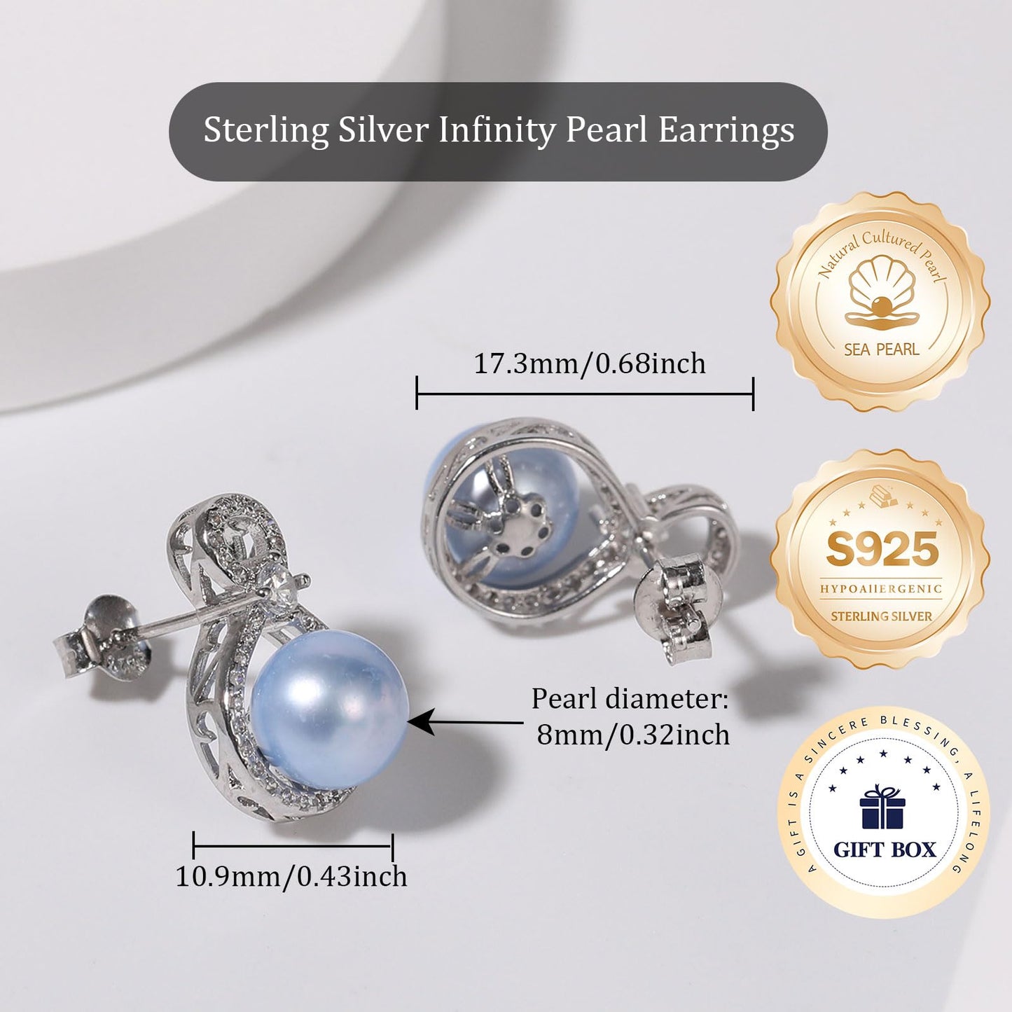 BAMIKI S925 Sterling Silver Infinity Pearl Earrings Stud for Women, Genuine Quality 8-8.5mm Round Akoya Cultured White Pearls, Hypoallergenicity Jewelry Gifts for Mother Wife Bridal