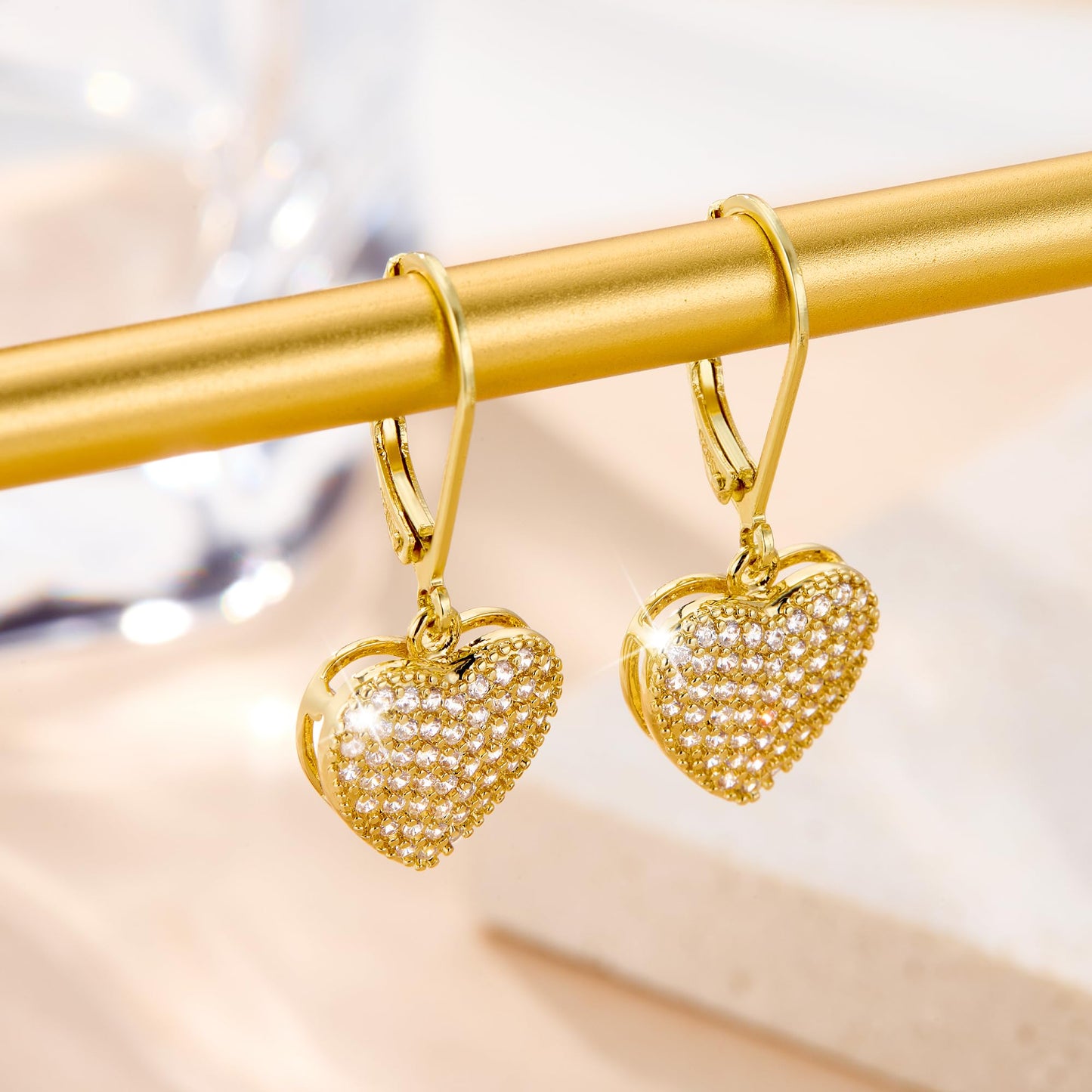Gold Heart Earrings, ALEXCRAFT 14K Goldplated Heart Dangle Leverback Earrings for Women Trendy Hypoallergenic Sterling Silver Leverback Earings Gold Cubic Zirconia Dangling Drop Earrings for Women