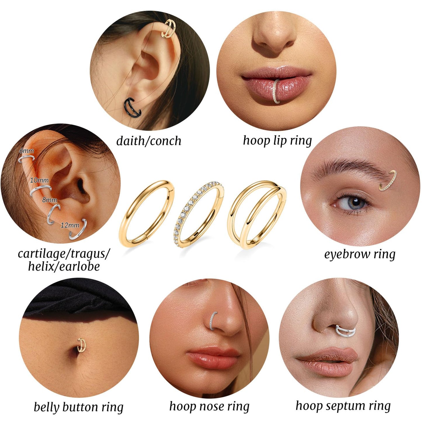 Septum Ring 8mm Septum Jewelry Double Hoop Septum Clicker Gold Conch Piercing Jewelry Nose Ring Hoop 18g Cartilage Earring with CZ Lip Rings Nose Hoop Surgical Steel Helix Earrings Nose Jewelry