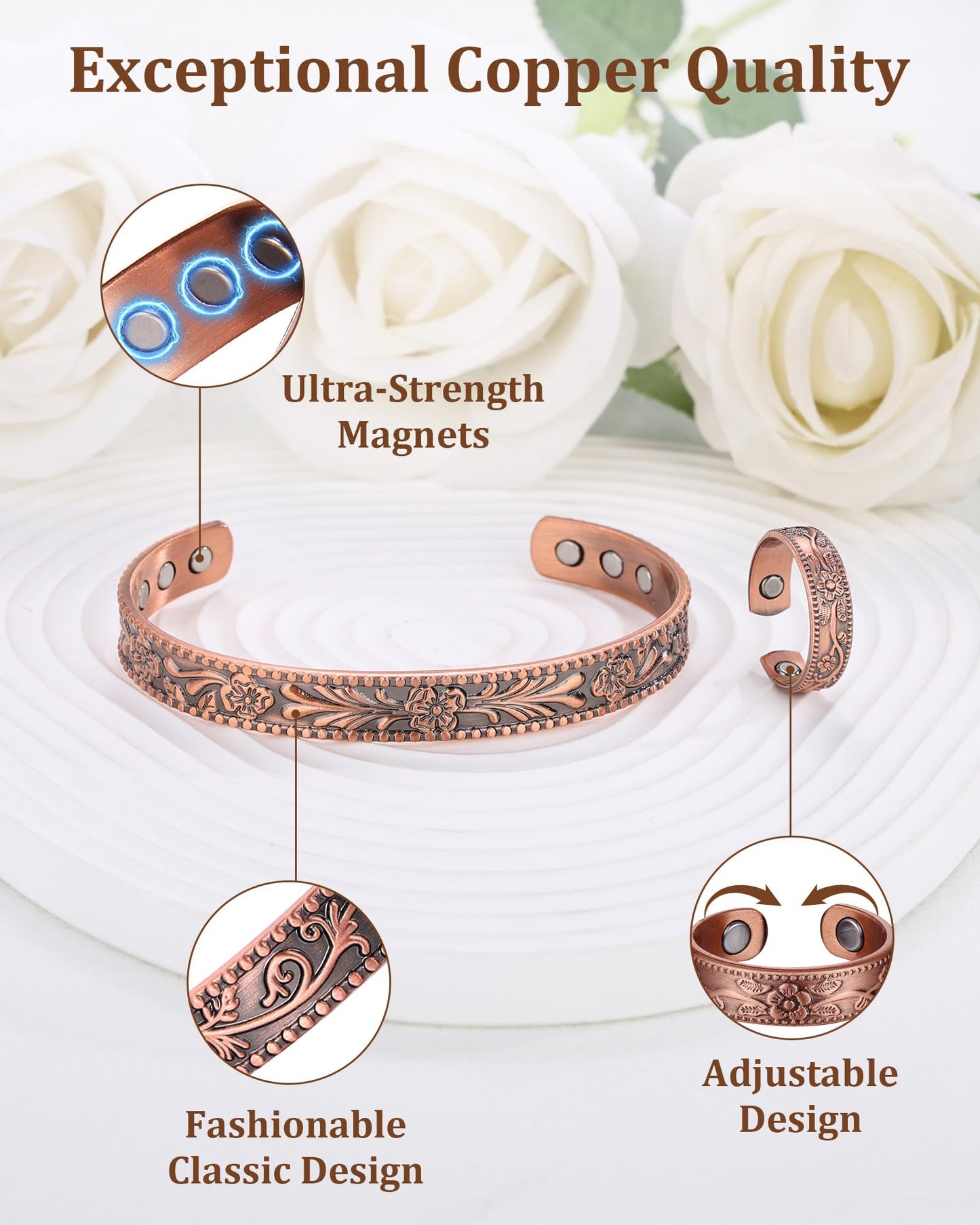 BioMag 99.99% Pure Copper Bracelet&Ring for Men and Women, Adjustable Magnetic Bracelet & Ring with 3500 Gauss Magnets, Vintage Flower Design, Jewelry Christmas Gift