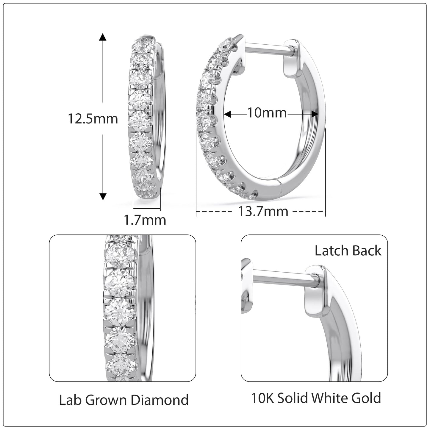 Huggie Hoop Earrings For Women, 1/4 Carat Round Shape Lab Grown Diamond Wedding Bridal Hoop Earrings In 10K Solid White Gold Jewelry for Her (0.25 Cttw)