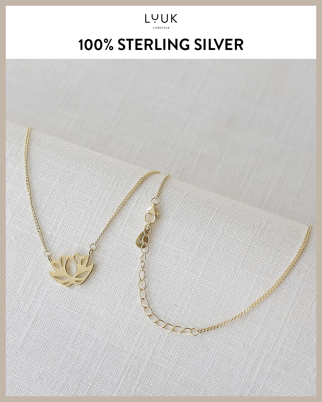 LUUK LIFESTYLE 925 sterling silver necklace with lotus flower pendant, HAPPINESS gift card, Asian zen jewelry for her, gift idea for friend, fiancée, birthday, adjustable chain length, gold