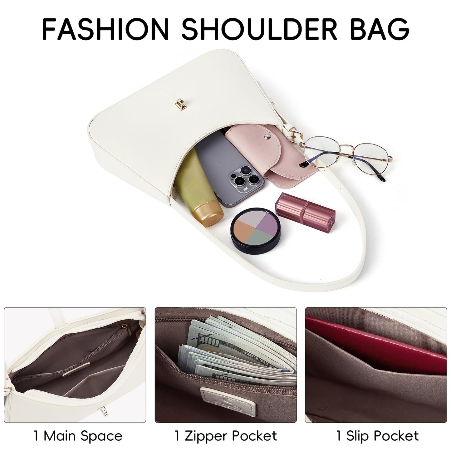 CLUCI Shoulder Bag for Women, Purses for Women, Handbag Hobo Bags Vegan Leather Crossbody Purse with Adjustable Strap White