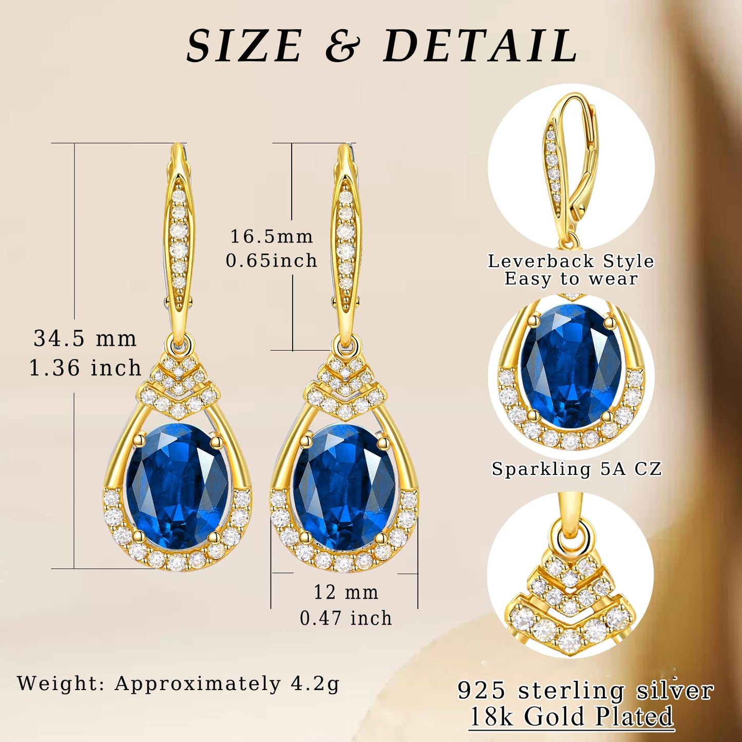 Valentine's Day Gifts for Women |18K G Plated Sterling Silver Birthstone Teardrop Leverback Drop Earring for Women Lady | Wedding Jewelry Gifts for the Bride | Hypoallergenic Oval Cut CZ Earrings (18k Gold Plated-09-Sep.-Sapphire)