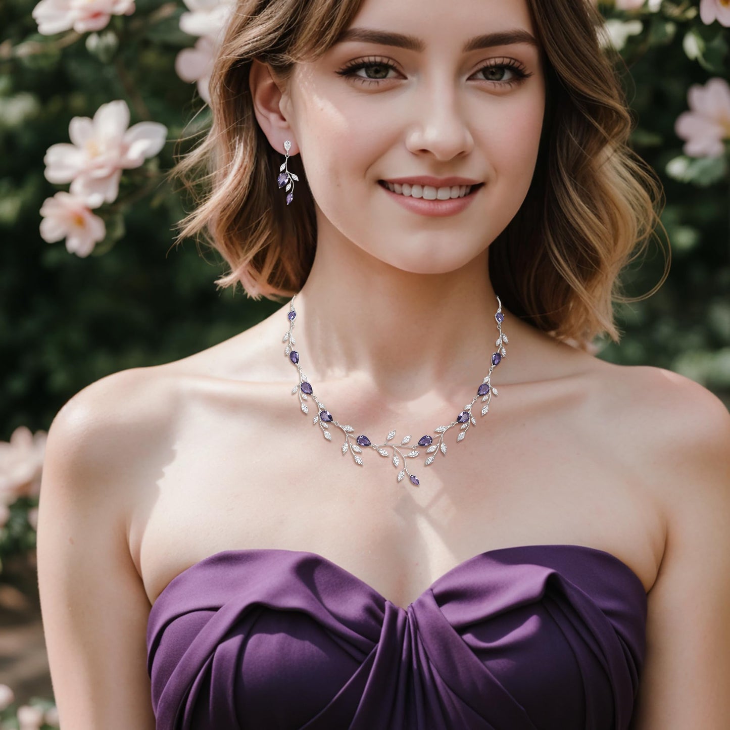 EVER FAITH Wedding Party Jewelry Set for Women, Sparkly Cubic Zirconia Pear-Shaped Birthstone Leaf Necklace Tennis Bracelet Earrings Sets for Prom Purple