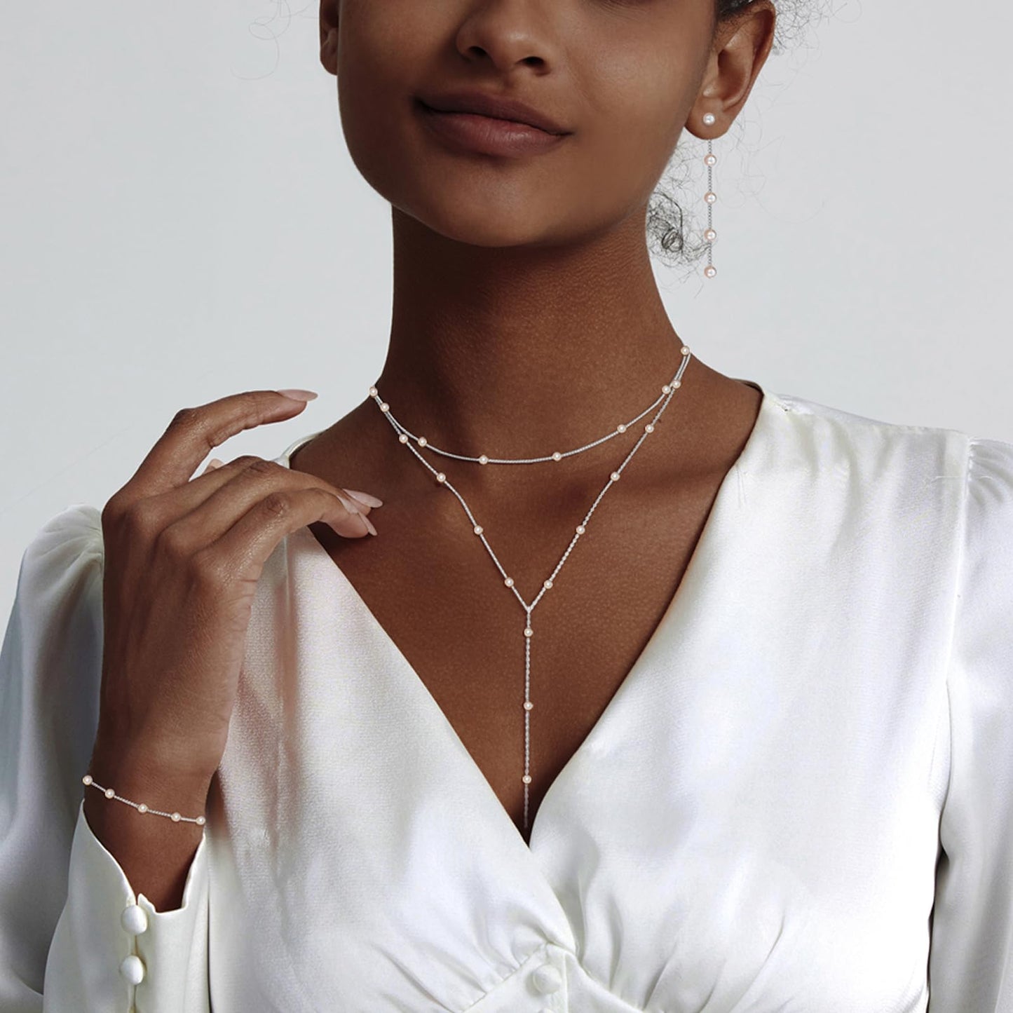 HERIER Silver Jewelry Set for Women Dainty Silver Plated Layered Pearl Necklaces for Women Pearl Drop Earrings Bracelets Trendy Wedding Bride Jewelry Gift