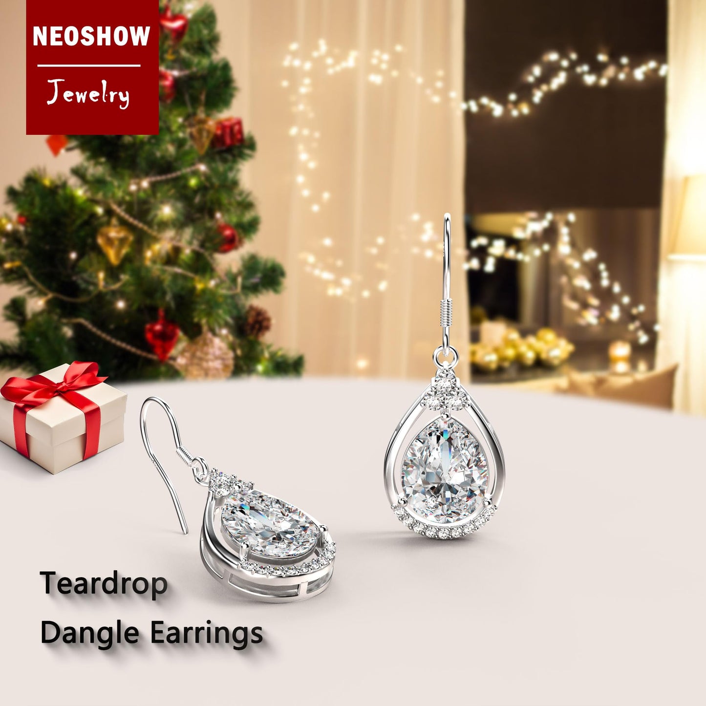 18K White Gold Plated Sterling Silver Teardrop Cubic Zirconia Drop Dangle Earrings for Women Pear Cut CZ Diamond Dangle Earrings Hypoallergenic Jewelry (Clear)