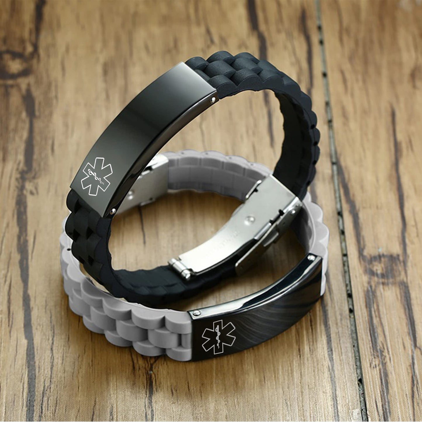 VNOX Type 2 Diabetes Medical Alert ID Black Silicone Rubber Stainless Steel Adjust Bracelet Wristband for Men