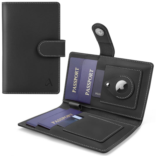 ALLIVE Passport Holder for Travel Family, Genuine Leather Passport Wallet with AirTag Slot, RFID Blocking Travel Document Organizer for Women & Men, Airport Essentials, Family Travel Gift (Black)
