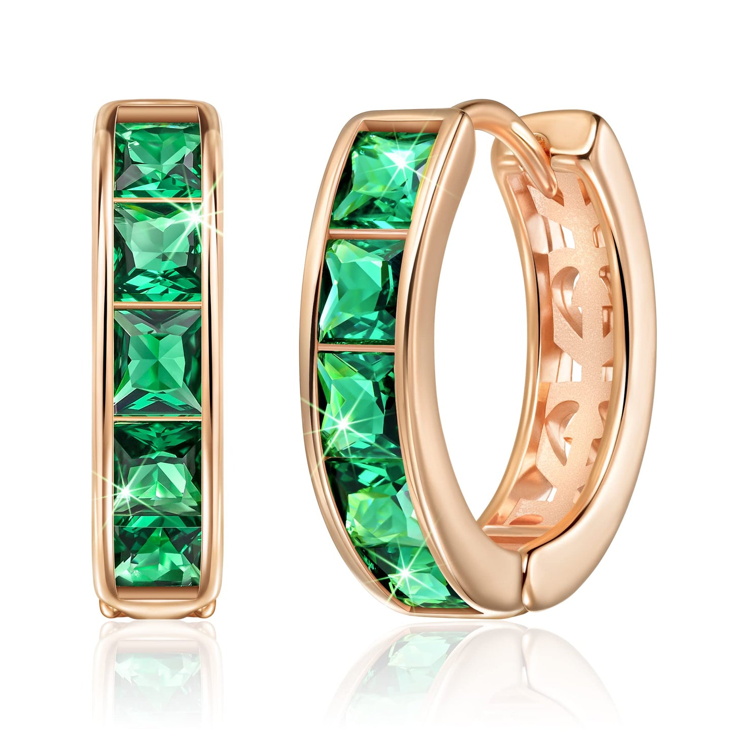 Linawe Green Small Hoop Earrings, Rose Gold Huggie Earrings for Women Trendy, Cubic Zirconia Earrings Stud, Piercing Jewelry, Cartilage Mini Hoop, Emerald Earrings Flat Back