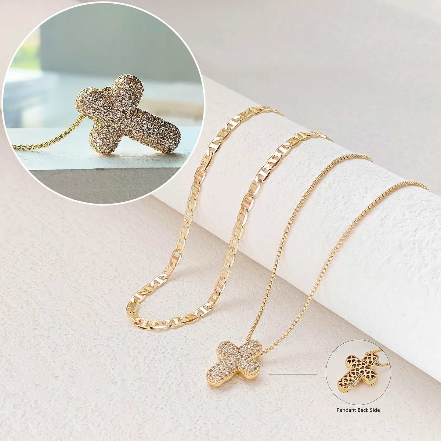 OGD Layered Gold Necklaces for Women 14k Gold Plated Cross Necklace for Women Stackable Stacked Stacking Dainty Gold Necklace Mariner Chain Necklace CZ Cross Pendant Necklaces Set Simple Jewelry Gift