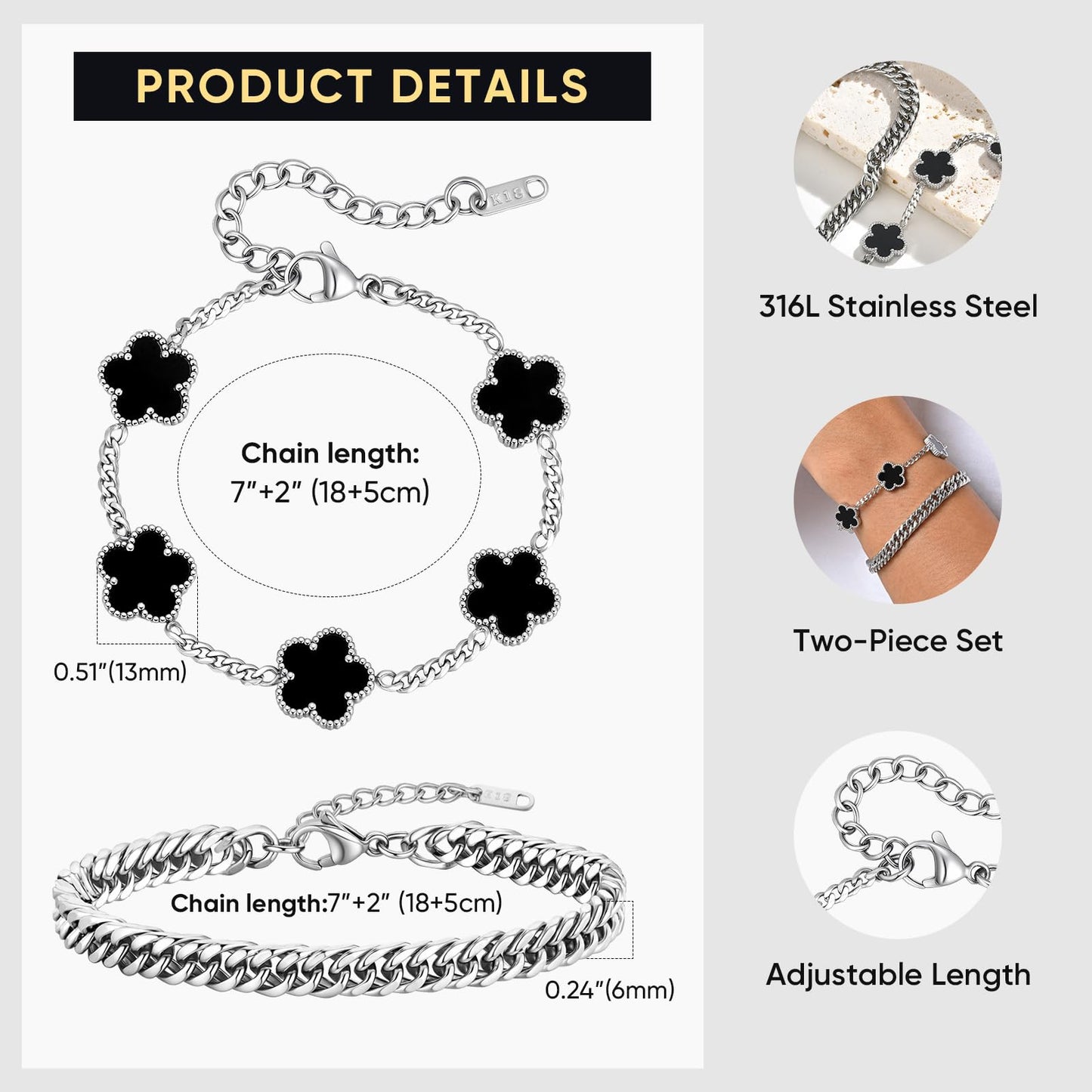 VNOX 2 PCS Floral Bracelets for Men Women -Womens Mens Stainless Steel Silver Cuban Chain Link Bracelet Lucky Charm Four Clover Flower Bracelets Trendy Jewelry Gifts，2