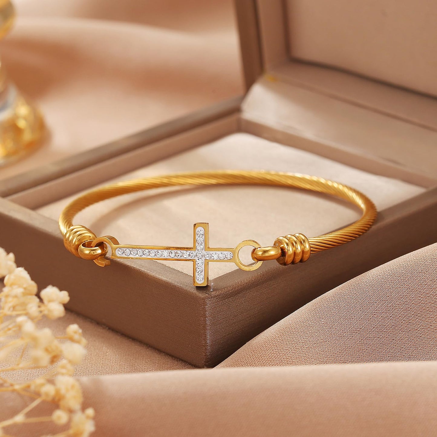 DS Religious Gift for Her Christian Cross Bracelet Bible Verse God is Within Her She Will Not Fall Inspirational Bracelets For Women Stainless Steel Jewelry Gift To Daughter Best Friend (Cross bracelet-Gold 12)