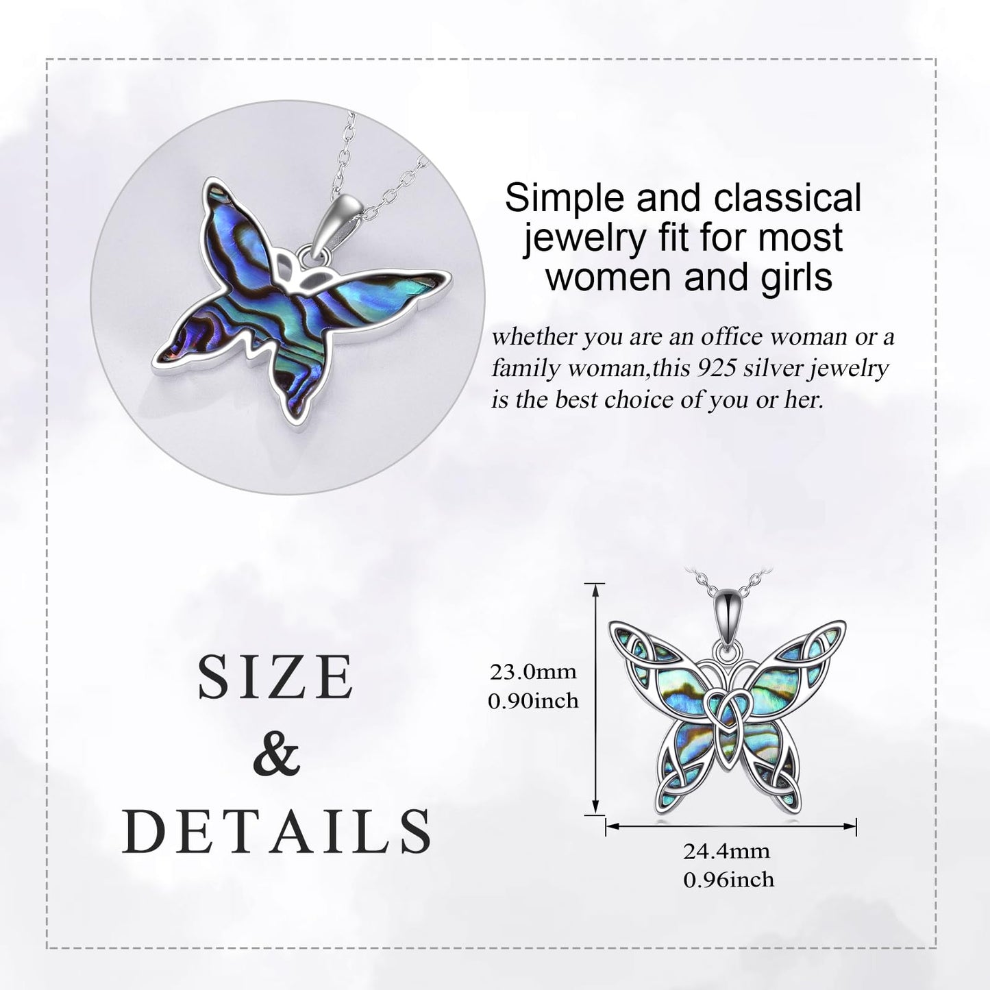 KQF Butterfly Necklace for Women Sterling Silver Abalone Shell Celtic Butterfly Pendant Necklace Jewelry Gifts for Women