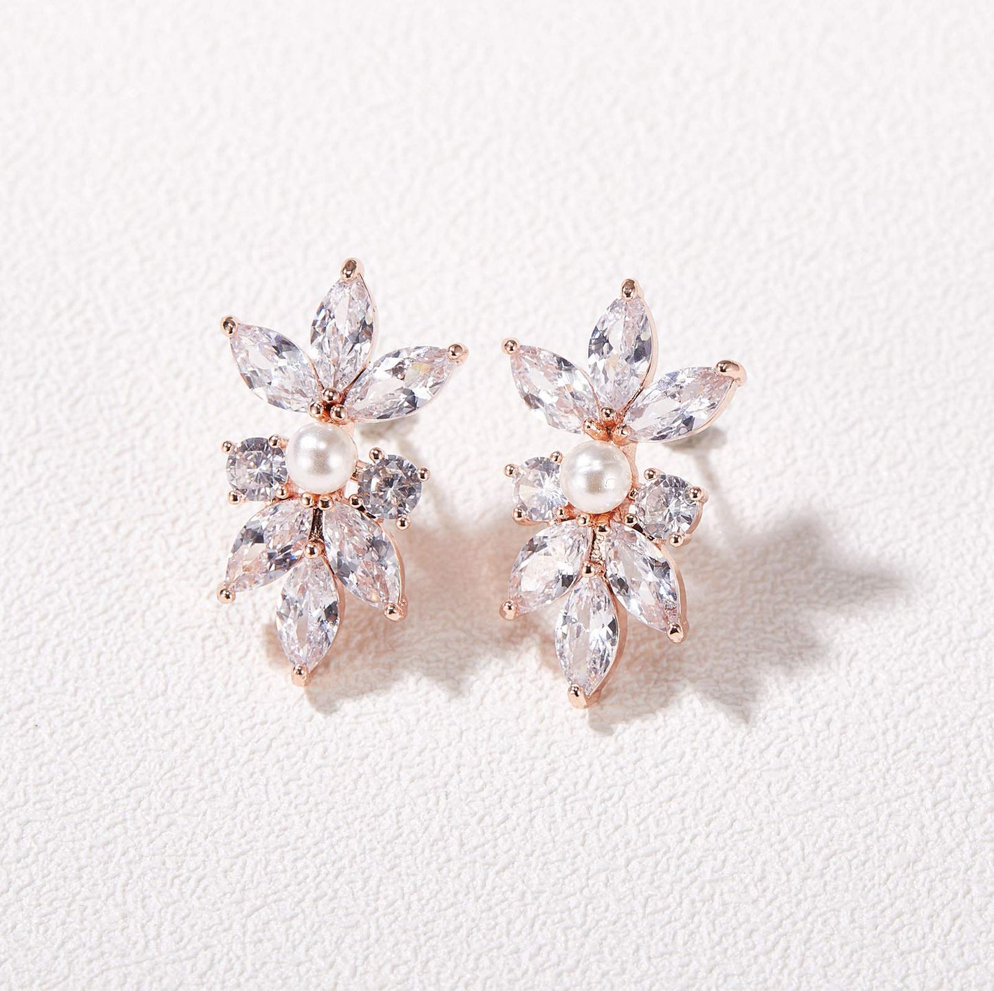 SWEETV Marquise Cubic Zirconia Wedding Bridal Stud Earrings for Brides Bridesmaids, Rose Gold Plated Crystal Pearl Rhinestone Stud Earrings for Women Prom Party Jewelry Gifts