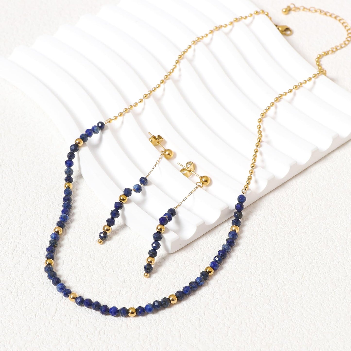 TaYolnFaSo Round Lapis Lazuli Beads Jewelry Set for Women 18K Gold Plated Lapis Lazuli Necklace and Earrings Set Gift for Mother