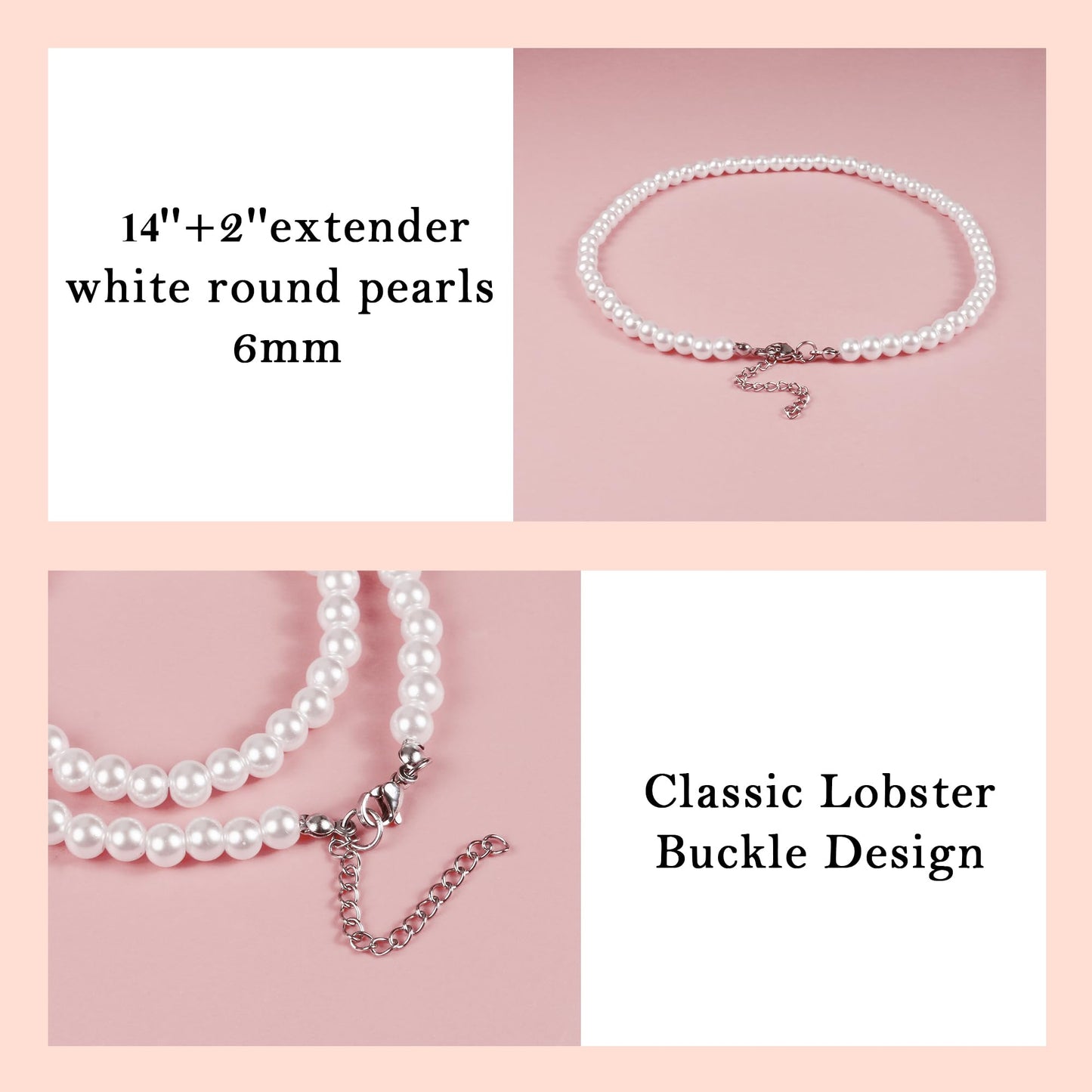 Trinckle Pearl Necklaces for Women, 6 MM White Pearl Choker Necklace 14'' Dainty Pearl Necklace as Birthday Gifts for Teens Pearl Costume Strands White Jewelry Wedding Bride Bridesmaid Gifts