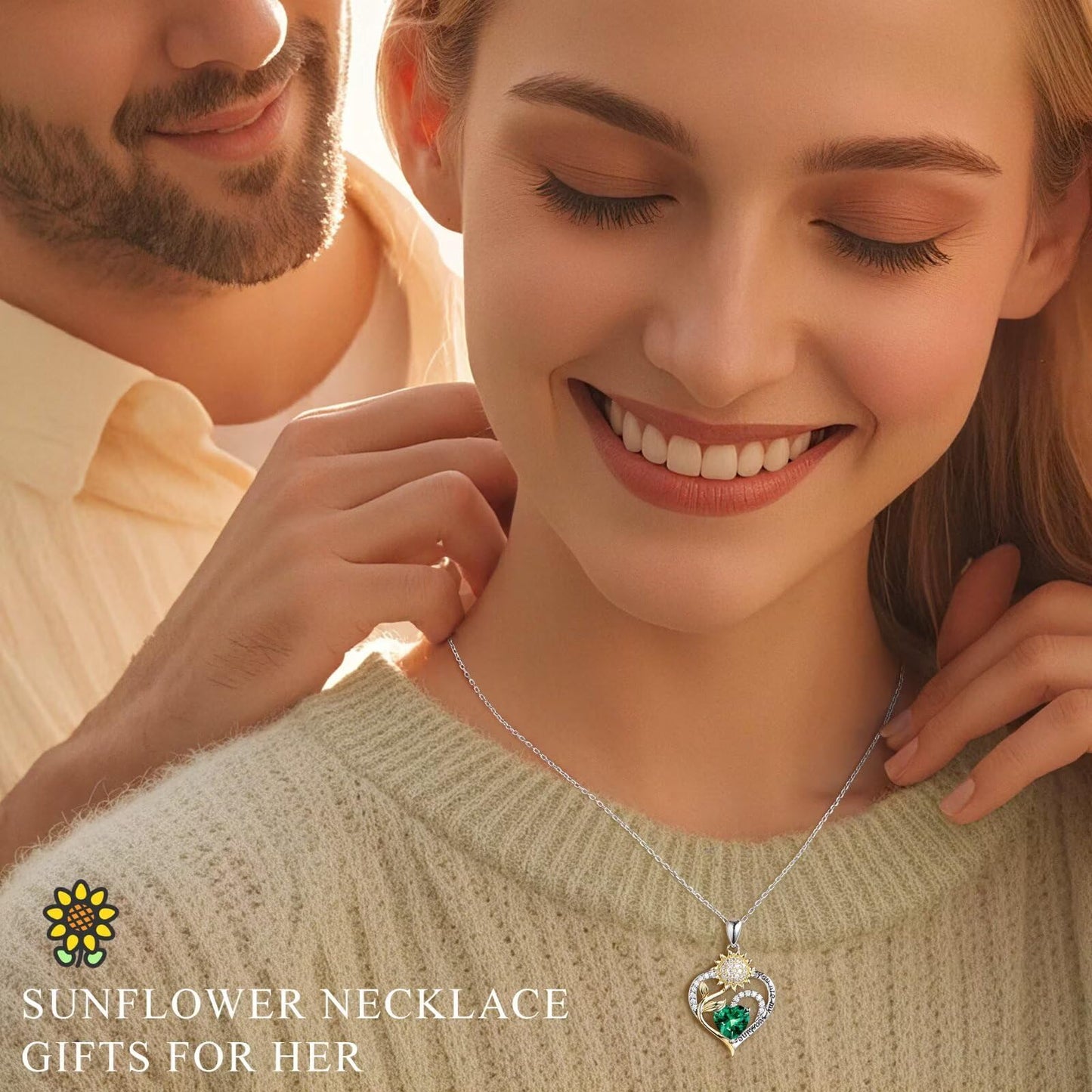 Iefil Sunflower Gifts for Women - Sunflower Necklace Gifts for Wife May Simulated Emerald Necklace Anniversary Mothers Day Jewelry Gift