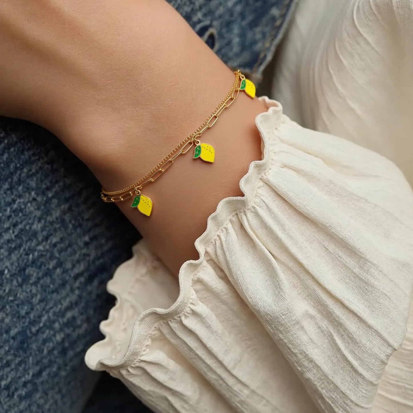 LCTrusttmor Gahna Summer Jewelry Gifts for Women, 18K Gold Plated Lemon Bracelet with Fruit Charms, Dainty Layered Chain Link Adjustable Bracelets Gift for Her