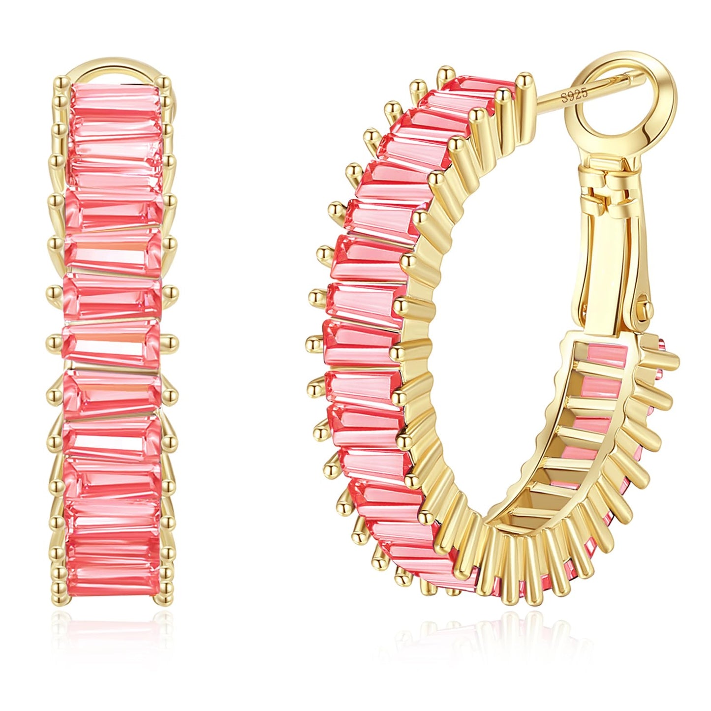 GLOQUAT Rose Pink CZ Earrings 14K Gold Plated Rosy Gold Hoops Earrings for Women S925 Silver Post Vintage Baguette Cubic Zirconia Round Circle Dusty Rose Crystal Jewelry 25mm