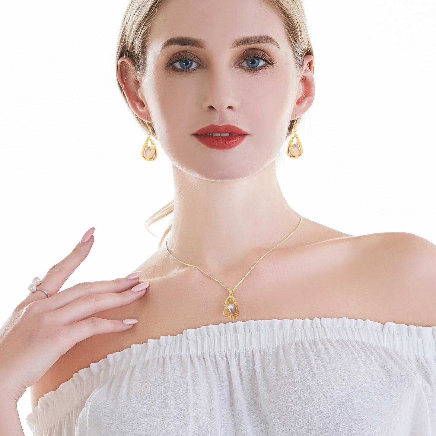 HENGSHENG Pearl Jewelry Set For Women 14K Gold Plated Necklace & Earrings Set Freshwater Pearl Pendant Cage Set for Wedding Anniversary Prom Birthday Gift - Golden Purple