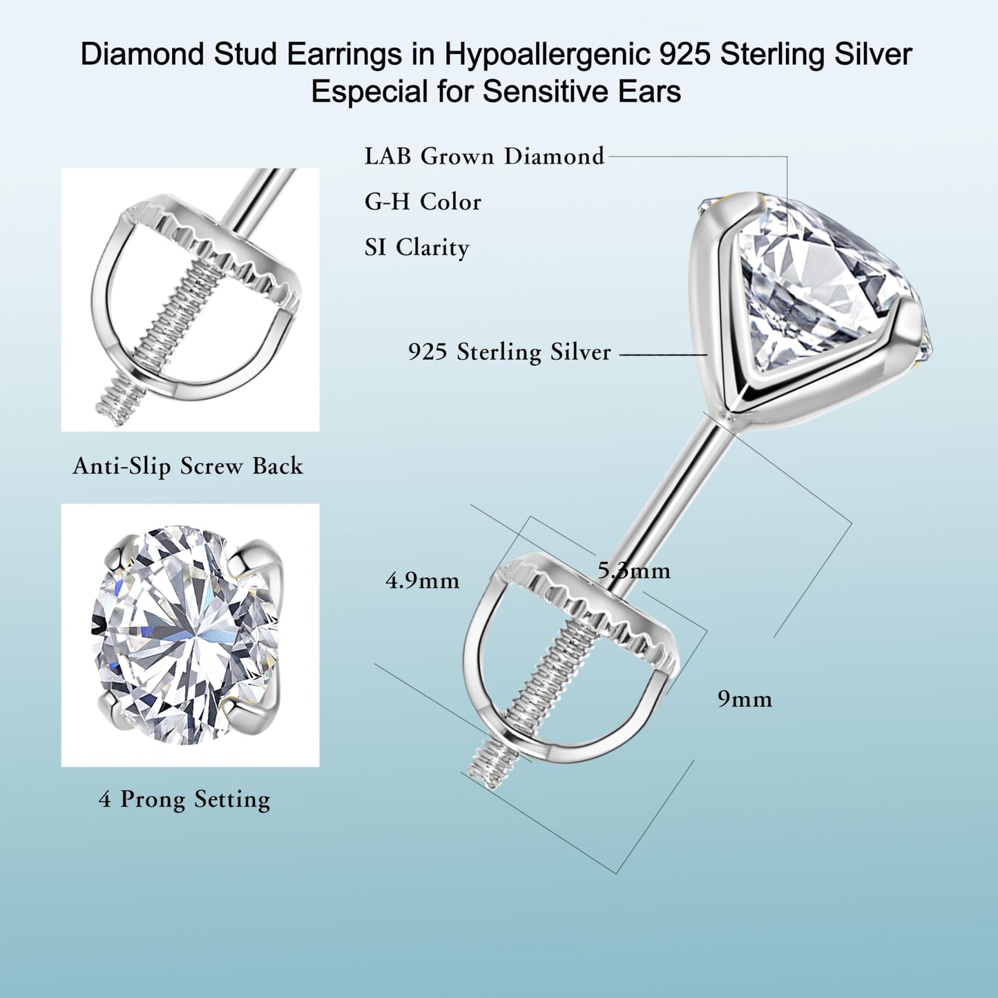 Lab-Grown Diamond Stud Earrings in Hypoallergenic 925 Sterling Silver, Screw Back, 1/5 to 2 1/2 Cttw, Round Princess Cushion Cut, 4 Prong, G-H Color, SI Clarity (Silver, 0.2 cttw (0.1ct each)-3.0mm, White Round Diamond)