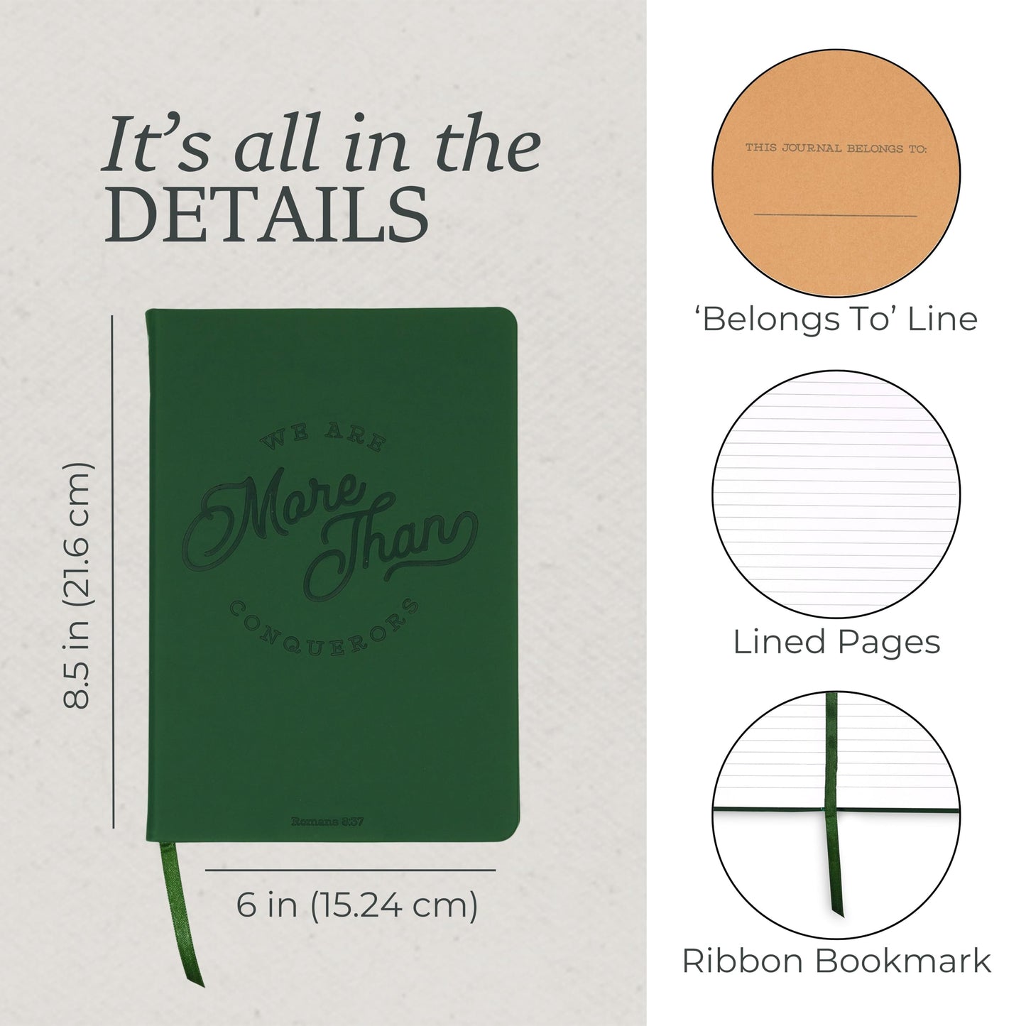 Steel Mill & Co Faux Leather Journal, 8.5” x 6” Scripture Quote Notebook with 160 Lined Pages, Book-Bound, Dark Green Leatherette Writing Journal with Debossed Cover and Ribbon Bookmark for Women & Men (More than Conquerors)