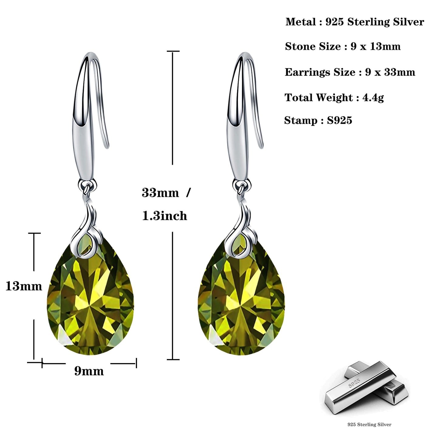 ML S925 Sterling Silver 12mm Naked Drill Crystal Earrings For Women (Earrings Olive Green Color)