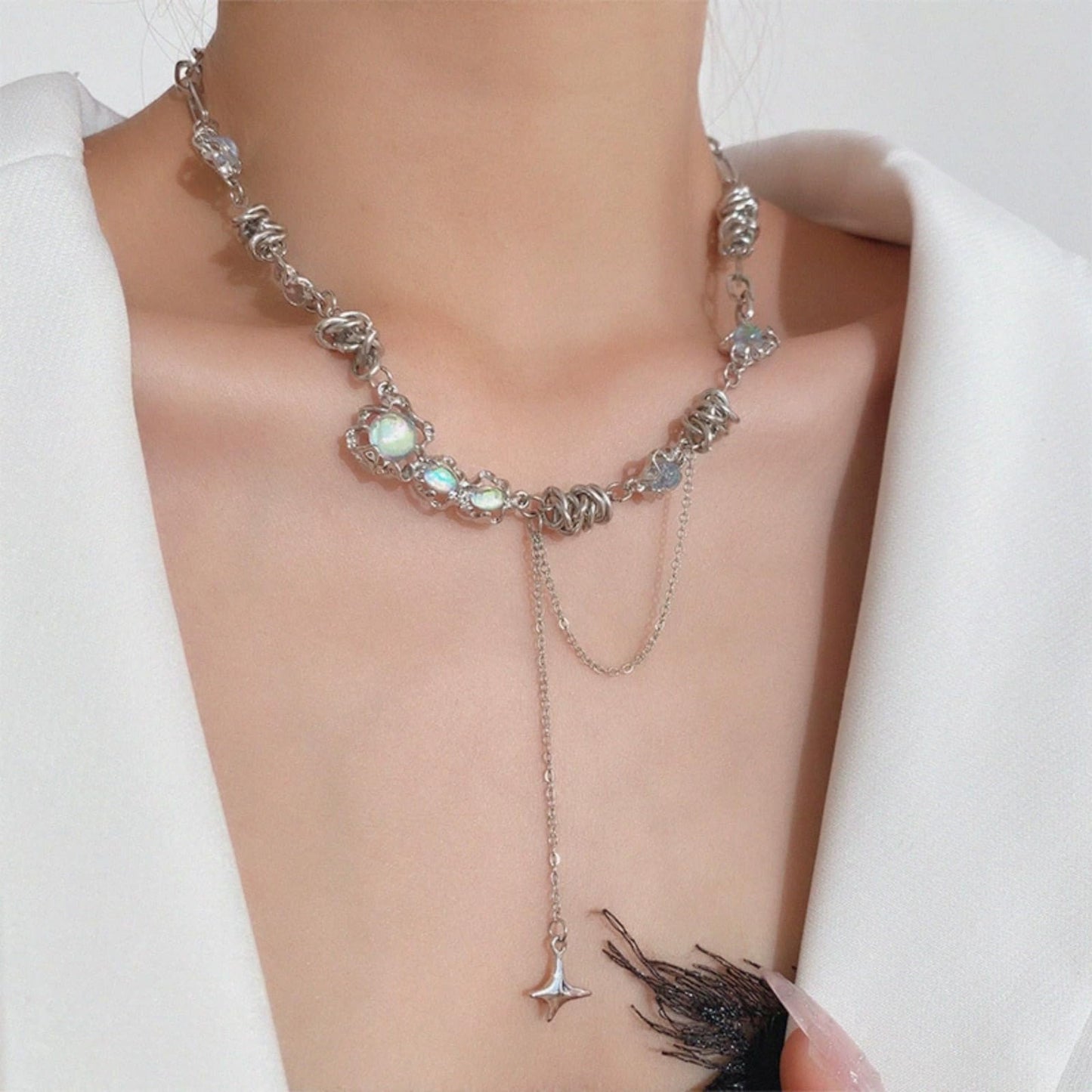 Buyongwant Irregular necklace for Women Y2k chain Moonstone Cat Eye Stone Star Fashion Asymmetric tassel pendant Silver Jewelry