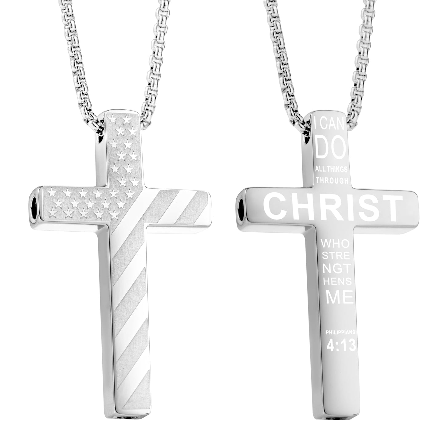 FUNPAR American Flag Cross Breathing Necklace, Stainless Steel Patriotic Jewelry, Inspirational Bible Verse Cross Necklace, Anxiety Relief Items for Men Christian Gift(Silver 4:13)