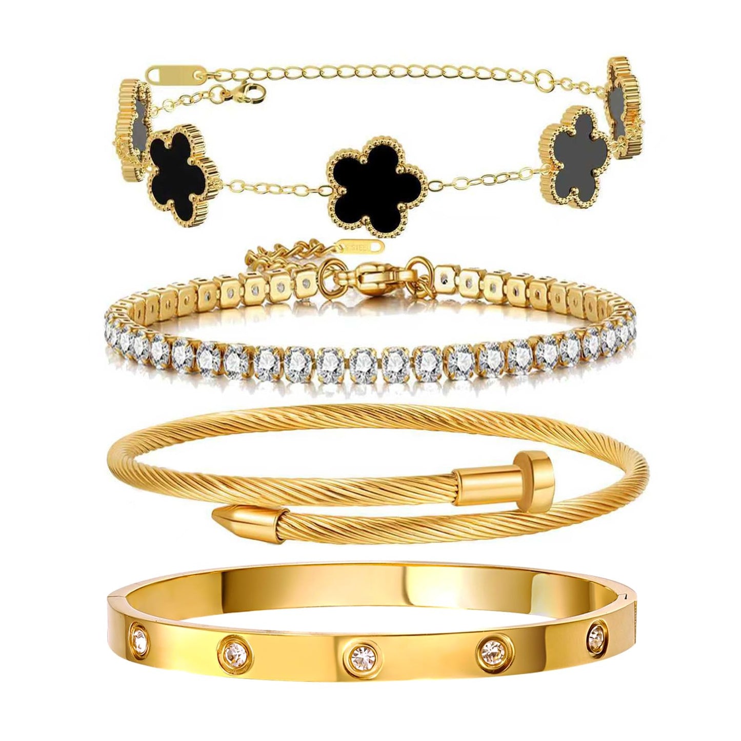 Gold Bracelets for Women, 18K Gold Plated Women Tennis Bracelets Clover Nail Love Bangle Bracelet Set, Gold Bracelet Stackable Set Trendy Jewelry, Gifts for Women's Day and Mother's Day (03-Color-black)