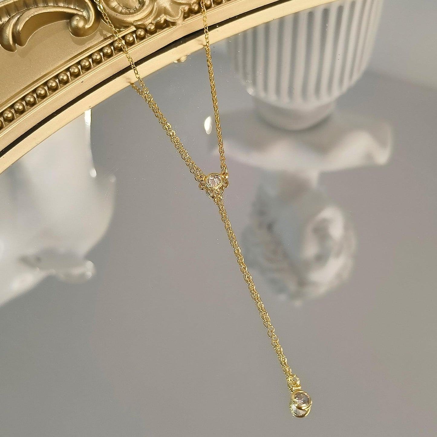 Airmb Lariat Gold Necklace for Women, Dainty Long Necklace Gold Y-Shaped Pendant Necklaces Trendy Chain CZ Drop Necklaces Jewelry for Women Gifts