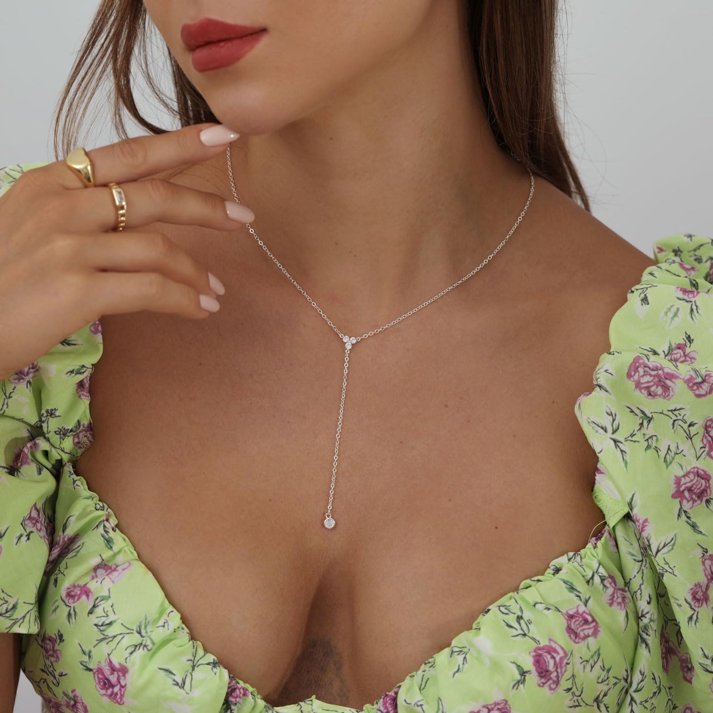 Sewyer Silver Y Necklace for Women 14K Gold Plated Y-Shaped Drop Necklaces CZ Long Necklace Cubic Zirconia Pendant Layered Long Lariat Necklace Women Jewelry