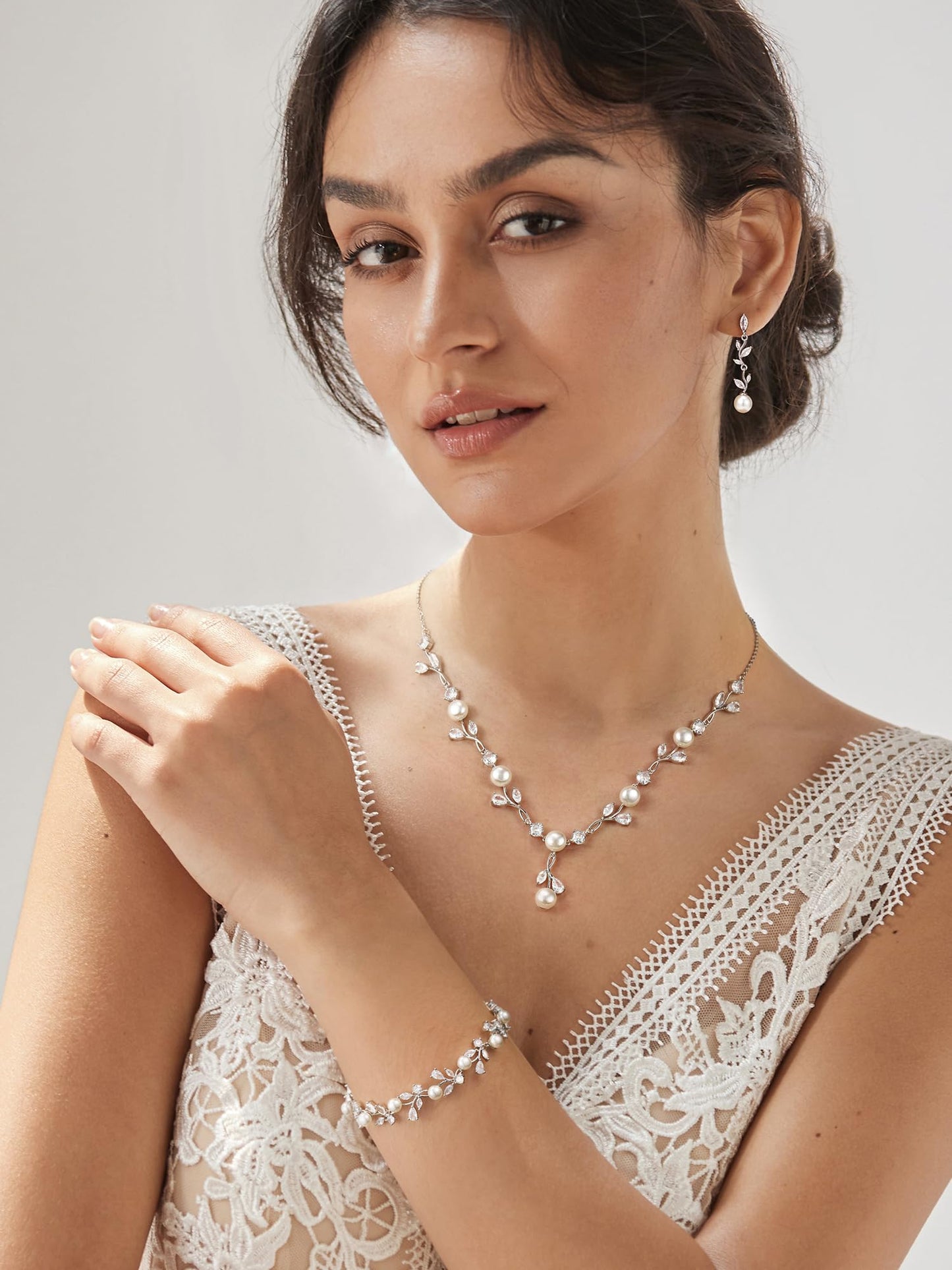 SWEETV Jewelry Set for Women, Cubic Zirconia Pearl Floral Vine Earrings Necklace Bracelet Set for Bride, Bridal Jewelry Set for Wedding Prom