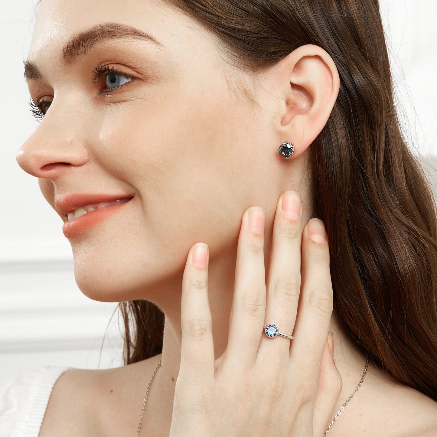 VOLUKA 18K White Gold Plated Rainbow Quartz Stud Earrings,Hypoallergenic Round Square CZ Earrings for Women Men,Daily Wear Party Wedding Jewelry Gift