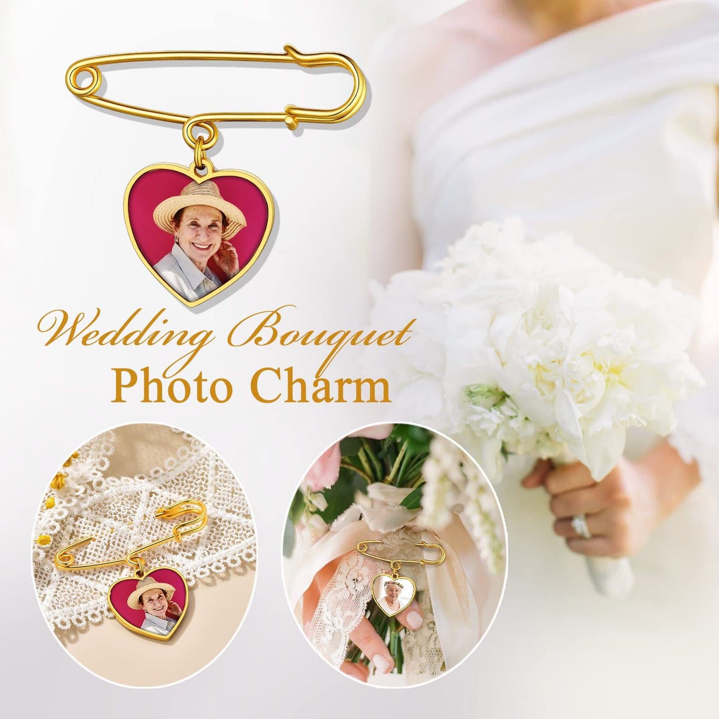 Custom4U Wedding Boutonniere Photo Charm Bouquet Pin Lapel Heart Memorial Charms Funeral Boutonniere Mother of The Bride Groom Men Women