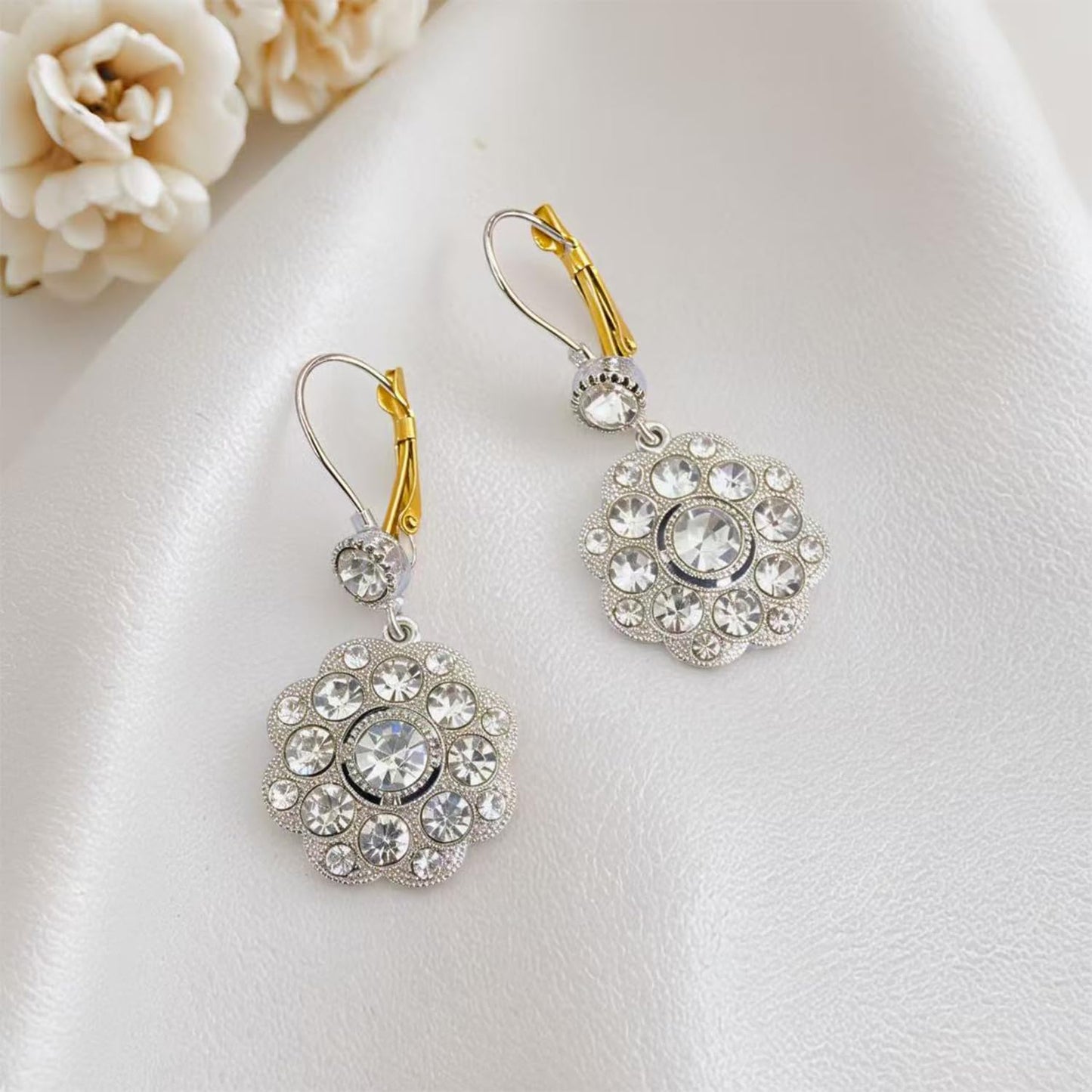 JNONL Vintage Silver Sparkly Crystal Camellia Flower Leverback Earrings Rhinestone Snowflake Round Dangle Drop Earrings for Women (Silver 4)