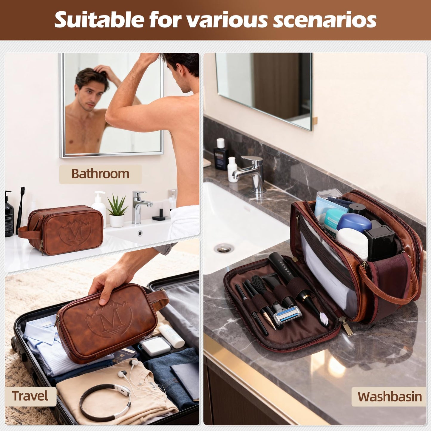 Personalized Travel Toiletry Bag for Men, Father Day Gifts, Engraved Initials Waterproof PU Leather Toiletry Bag, Large Capacity Portable Shaving Bag, Unique Birthday Gift for Men Dad Husband Him,M