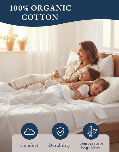 **LANE LINEN Eco-Friendly 100% Organic Cotton Queen Sheet Set - Soft, Comfy & Naturally Cooling, White**
