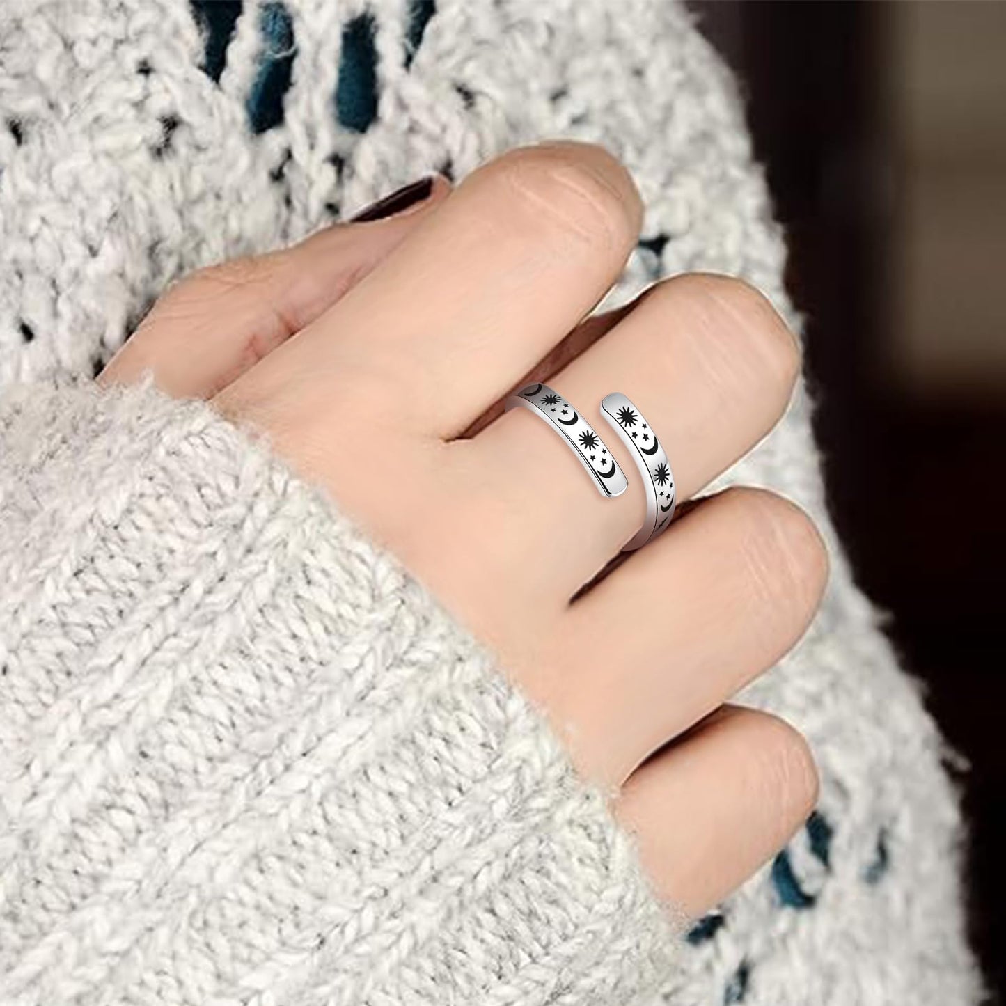 925 Sterling Silver Inspirational Jewelry Adjustable Wrap Open Ring Encouragement Gift for Women (Sun & Moon - You are Loved You are Valued You are Beautiful)