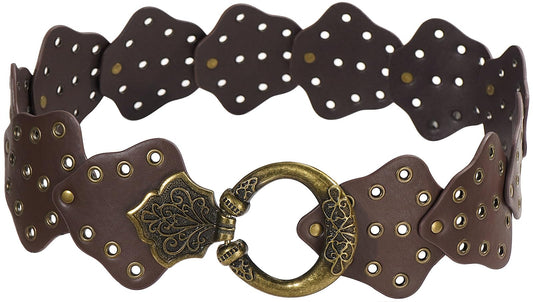 HIQUACC Wide Disc Belt for Women Vintage Leather Hollow Leaf Belt Western Waist Belt (Leaf Brown XL)