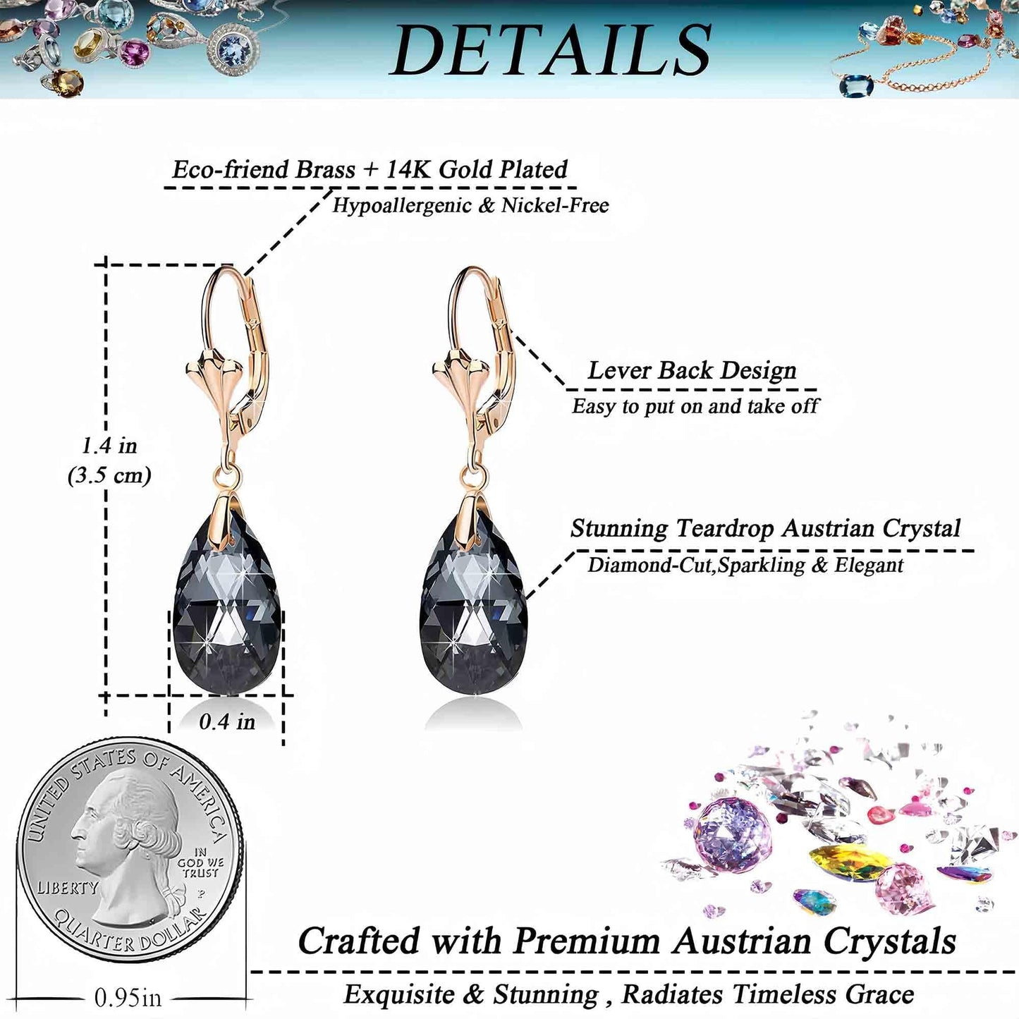 Austrian Crystal Teardrop Leverback Dangle Earrings for Women Fashion 14K Gold Plated Hypoallergenic Jewelry (Black)