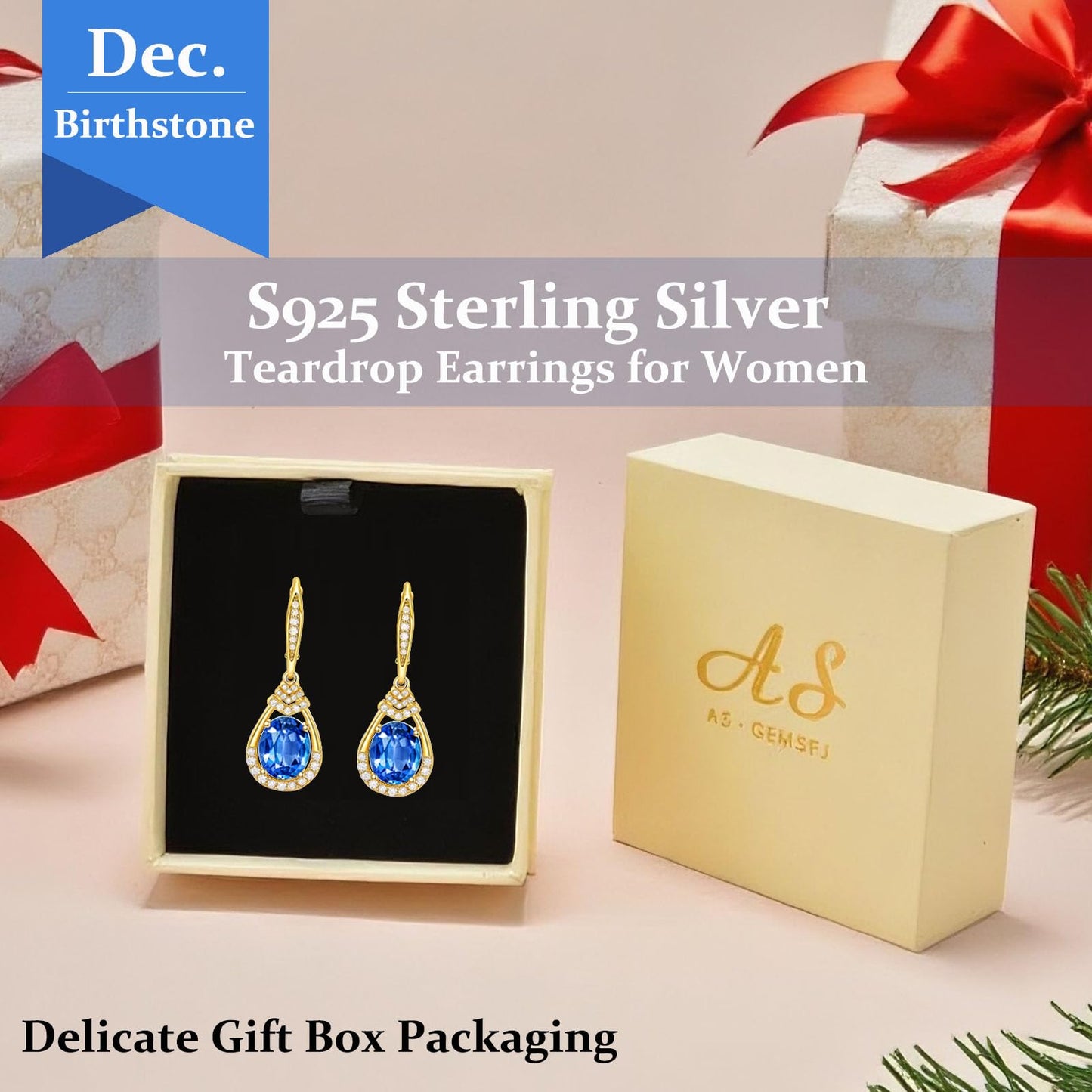 Blue Topaz Dangle Earrings for Women 18K G Plated Sterling Silver December Birthstone Teardrop Leverback Drop Earring for Mom Lady Wedding Jewelry Gifts for the Bride BirthdayDay Gifts