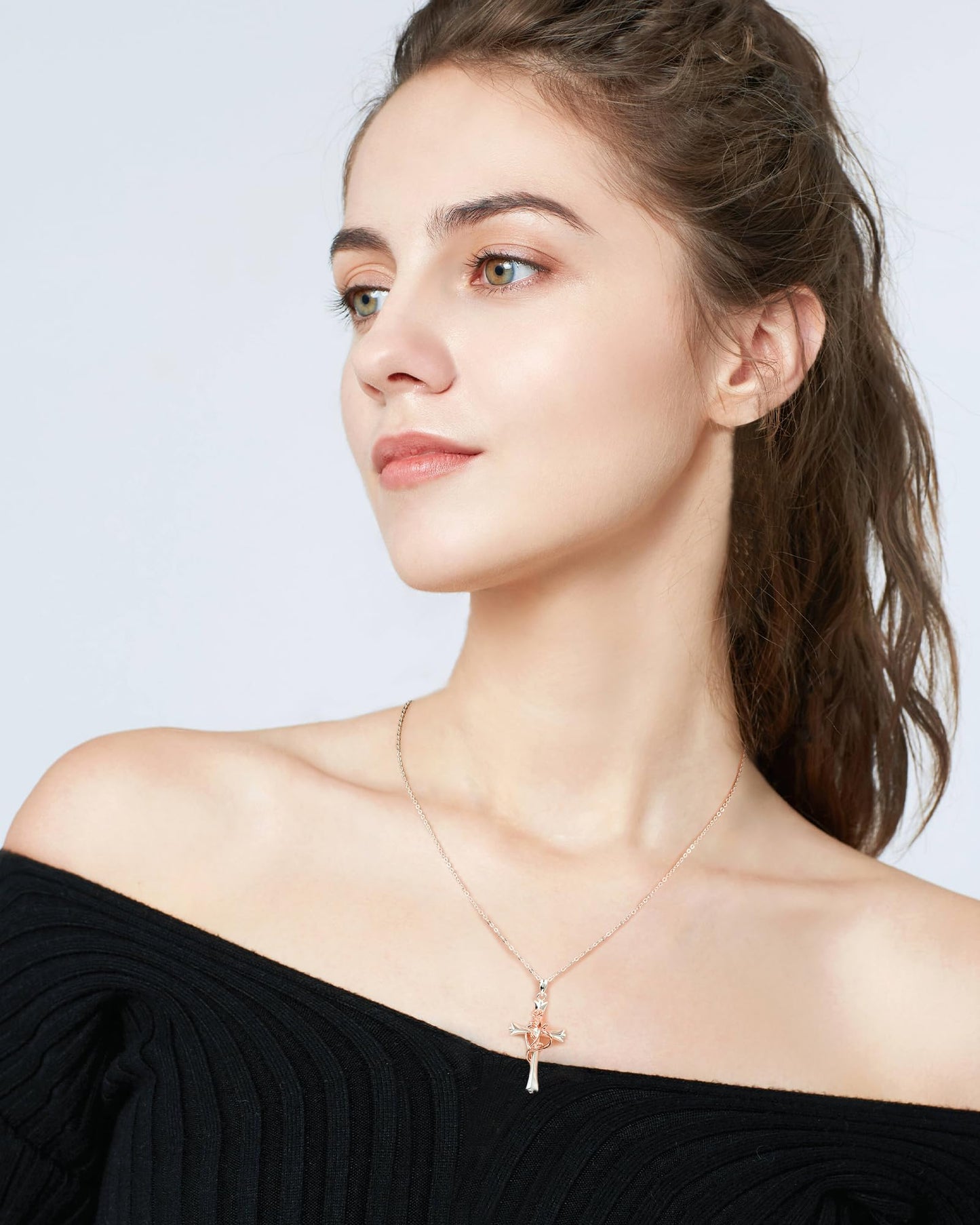 ACECHA Silver Cross Necklace for Women, Dainty Faith Cross Pendant Necklaces with Rose Jewelry for Mom Wife Daughter Sister | Gifts for Birthday Anniversary Christmas Easter(White Silver-Rose)